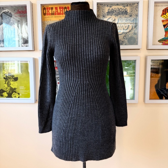 Y2K Charcoal Gray Ribbed Sweater Dress - Picture 1 of 7